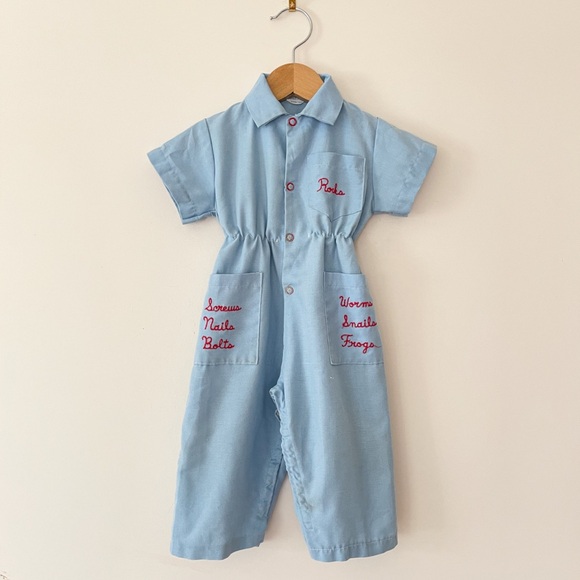VINTAGE Waper Jeans What Little Boys Are Made Of Embroidered Mechanic Romper
